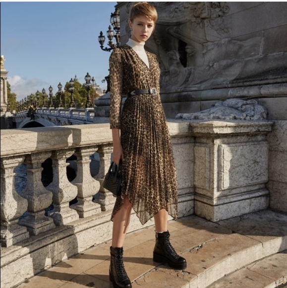 Kooples • Pleated Leopard Print Midi Dress - Picture 2 of 11